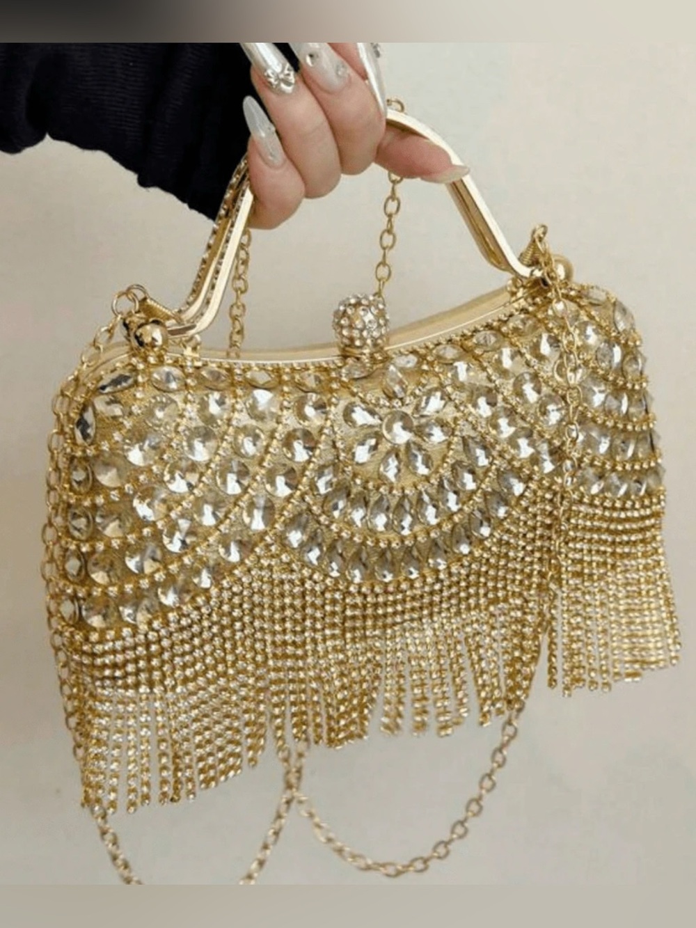 Gold fringe chain detail party prom rhinestone clutch